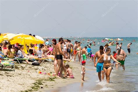 Very Crowded Beach Full Of People At Katerini Beach In Greece Stock