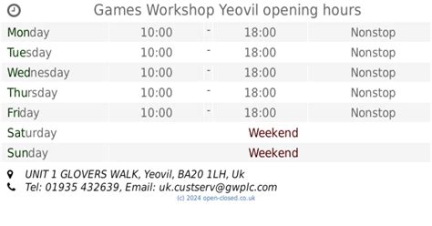 Games Workshop Yeovil opening times, UNIT 1 GLOVERS WALK