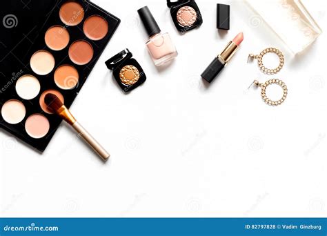 Decorative Cosmetics Nude On White Background Top View Stock Photo Image Of Brush Palette