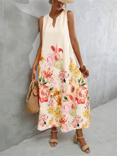 Shein Vcay Floral Print Notched Neckline Dress Shein Usa