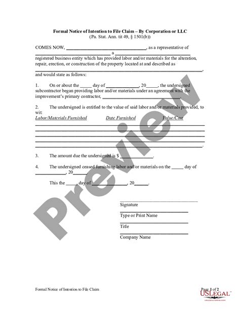 Pennsylvania Formal Notice Of Intent To File Lien By Corporation Or Llc