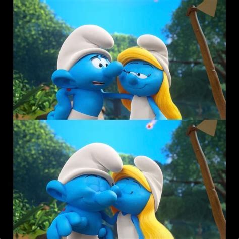 the smurfs are kissing each other outside