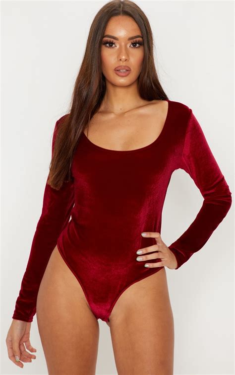 Burgundy Velvet Long Sleeve Bodysuit Tops Prettylittlething Usa