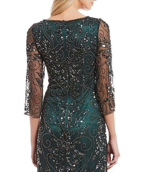 Pisarro Nights Beaded Sequin Boat Neck Illusion 3 4 Sleeve Gown