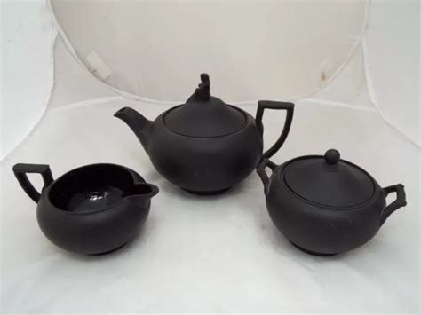Wedgwood Black Basalt Teapot With Sybil Finial Milk Jug And Lidded