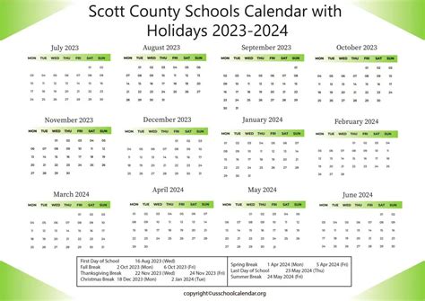 Scott County Schools Calendar with Holidays 2023-2024