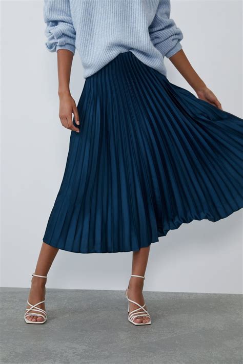 Pleated Satin Effect Skirt New In Trf Zara United States Blue Skirt