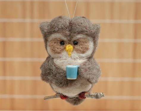 Needle Felted Owl Ornament Drinking Coffee Etsy