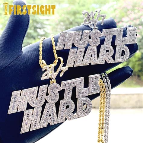 2022 New Hot Iced Out Bling Cz Letter Hustle Hard Pendant Necklace