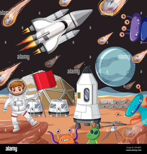 Outer space scene with astonaut and alien in cartoon style illustration ...