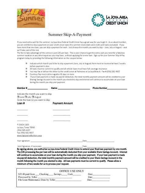 Fillable Online Summer Skip A Payment La Joya Area Federal Credit