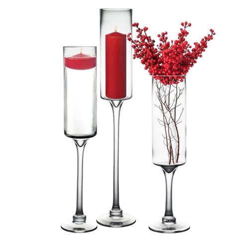 Glass Pedestal Stem Slim Open Candle Holders For Pillar Votive And Floating Candles