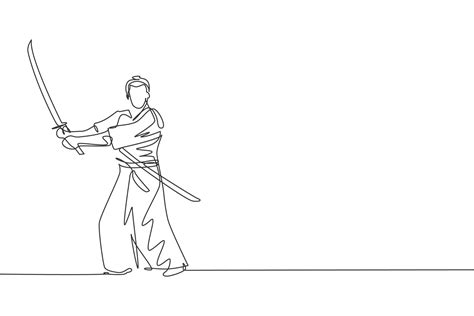 One Single Line Drawing Of Young Japanese Samurai Warrior Holding