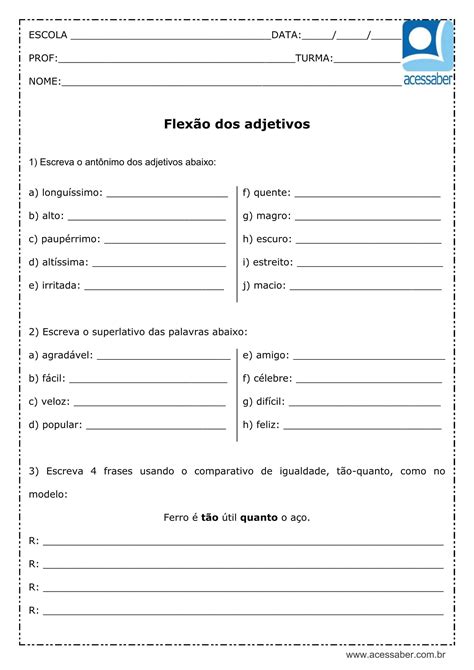 Atividade De Português Flexão Dos Adjetivos 5º Ou 6º Ano