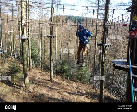 Teenage girl doing Go Ape in Dalby forest Stock Photo - Alamy