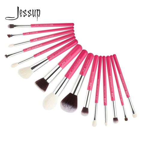 Jessup Brushes 15pcs Rose Carmine Silver Makeup Brushes Set Cosmetics Brush Kit Foundation