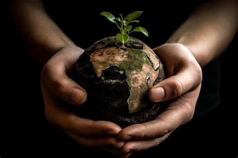 Manos Humanas Sosteniendo Una Tierra Con Una Planta Que Simboliza