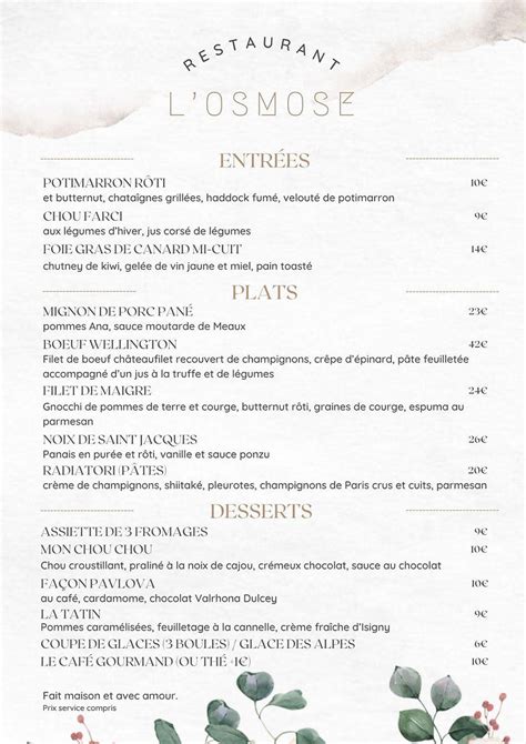 Carte Menus L Osmose Restaurant Buc