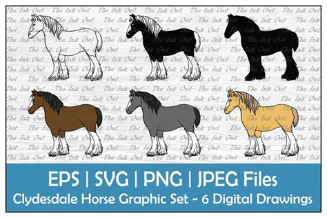 Farm Horse / Clydesdale Outline, Silhouette & Color Clipart