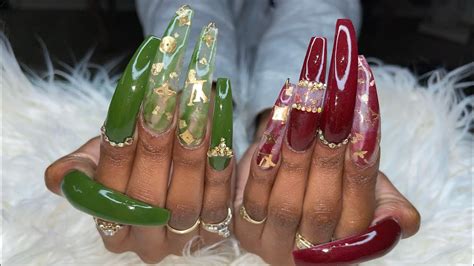 Xx Long Curve Nails Green And Burgundy Nails Color Acrylic Nails