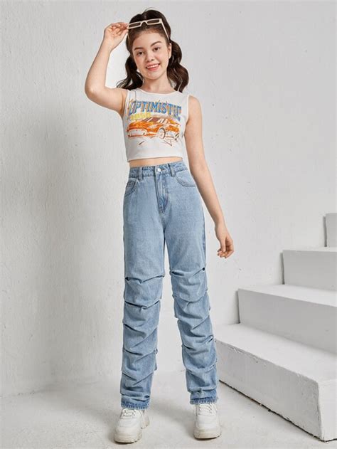 Shein Ragazze Adolescenti Jeans Plissettato Impilati Shein Italia