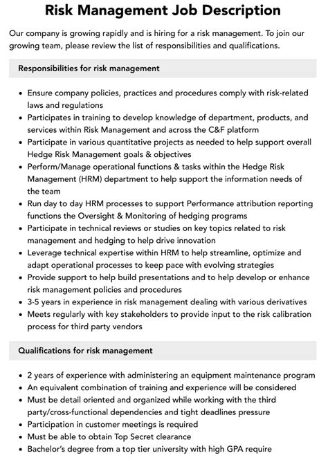 Risk Management Job Description Velvet Jobs