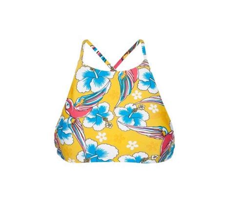 Yellow Printed Swimsuit Crop Top Cross Over Back Soutien Canarinho