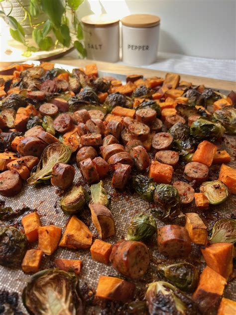 Crunchy Chili Oil Crusted Sweet Potato Brussels Sprout Chicken Sausage