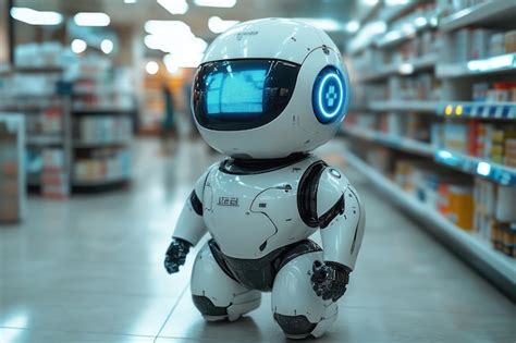 White Robot With Blue Lights In A Pharmacy Setting Premium AI