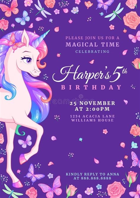 Plantilla De Invitación De Cumpleaños De Fiesta De Unicornio Con