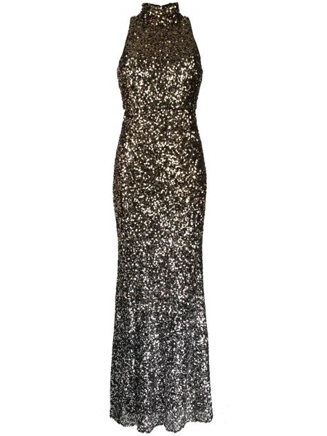 Badgley Mischka Halterneck Sequin Gown Gold Farfetch Uk