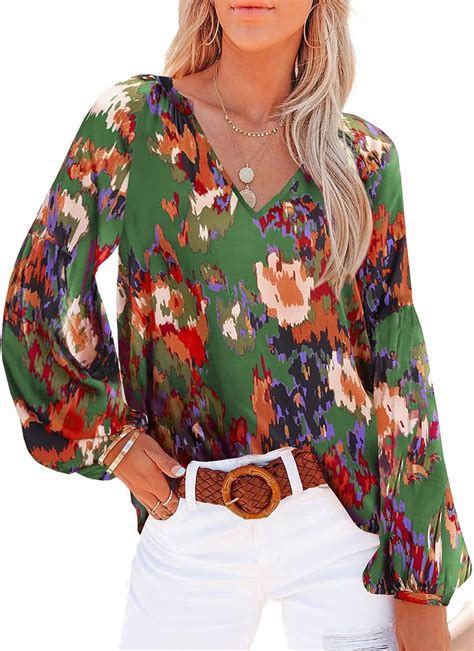 Shewin Womens Casual Boho Floral Print V Neck Long Sleeve Loose