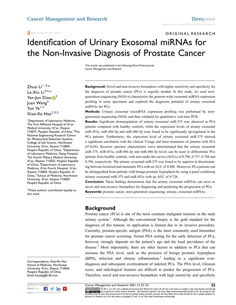 Pdf Identification Of Urinary Exosomal Mirnas For The Non Invasive