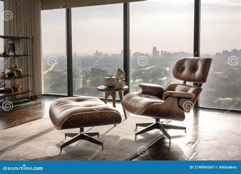 Mid Century Modern Chair And Ottoman In Living Room With View Of City