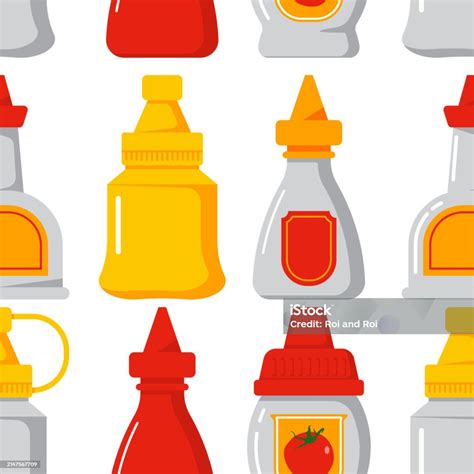 Mini Sauces Bottles Vector Cartoon Seamless Pattern Stock Illustration Download Image Now Istock