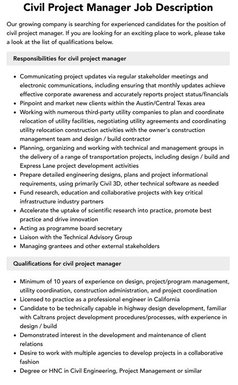 Civil Project Manager Job Description Velvet Jobs