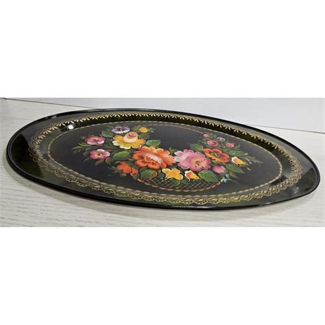 Large Vintage Hand Painted Floral Tole Tray Metal Toleware Black