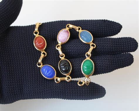 Vintage 1970s Boho Scarab Bracelet Egyptian Revival Carved Beetles