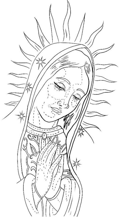 The Virgin Mary With Her Hands Folded Over Her Face In Black And White Ink