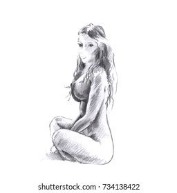 Sitting Nude Sexy Woman Pencil Sketch Stock Illustration 734138422