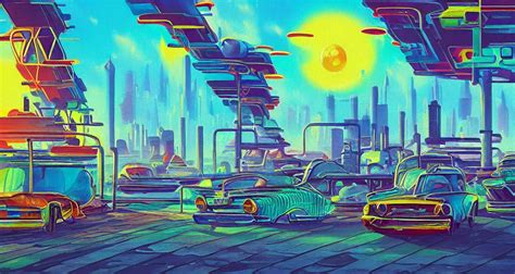 Landscape Painting Retrofuturistic Solarpunk Atompunk Stable