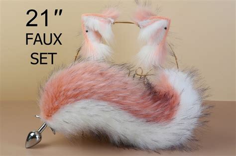 White Pink Fox Tail Plug And Ears Set Faux Fur Curly Tail Butt Etsy