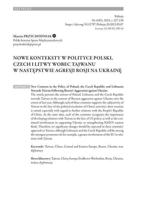 Pdf Nowe Konteksty W Polityce Polski Czech I Litwy Wobec Tajwanu W