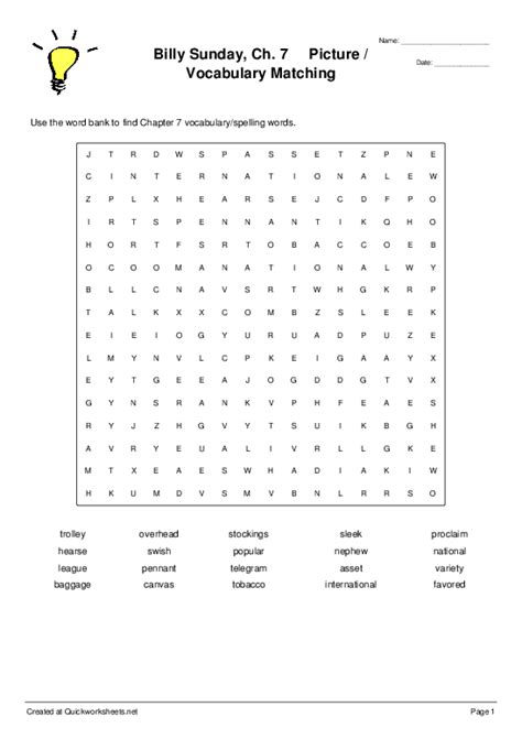 Billy Sunday Ch 7 Picture Vocabulary Matching Wordsearch