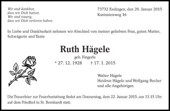 Traueranzeigen von Ruth Hägele zeit des gedenkens de