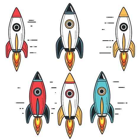 Premium Vector Six Colorful Cartoon Rockets Ascending Different Color