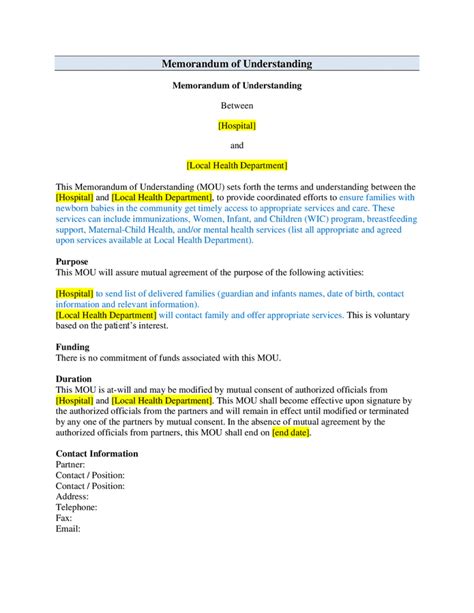 Memorandum Of Understanding Hospital And Health Department In Word