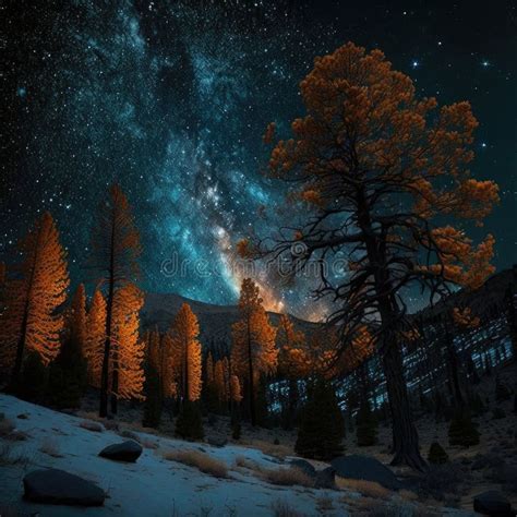 Forests At Starry Night High Quality Generative Ai Landscapes Stock