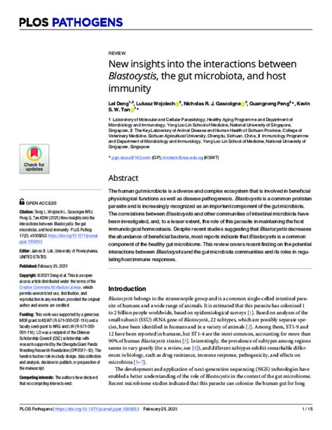 Pdf New Insights Into The Interactions Between Blastocystis The Gut