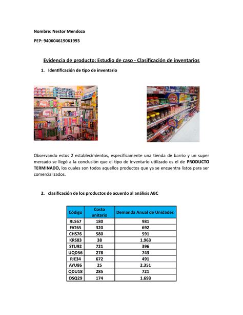 Estudio De Caso Clasificaci N De Inventarios Nombre Nestor Mendoza